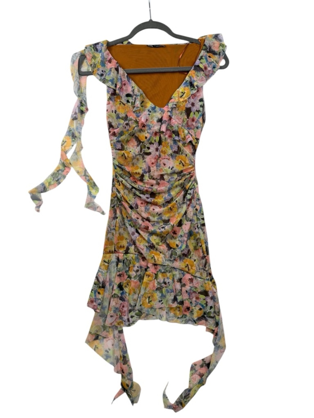 ZARA Floral Ruched Mini Dress NWT Ruffle Strap Tie Romantic Sheer Overlay Small - Picture 4 of 6